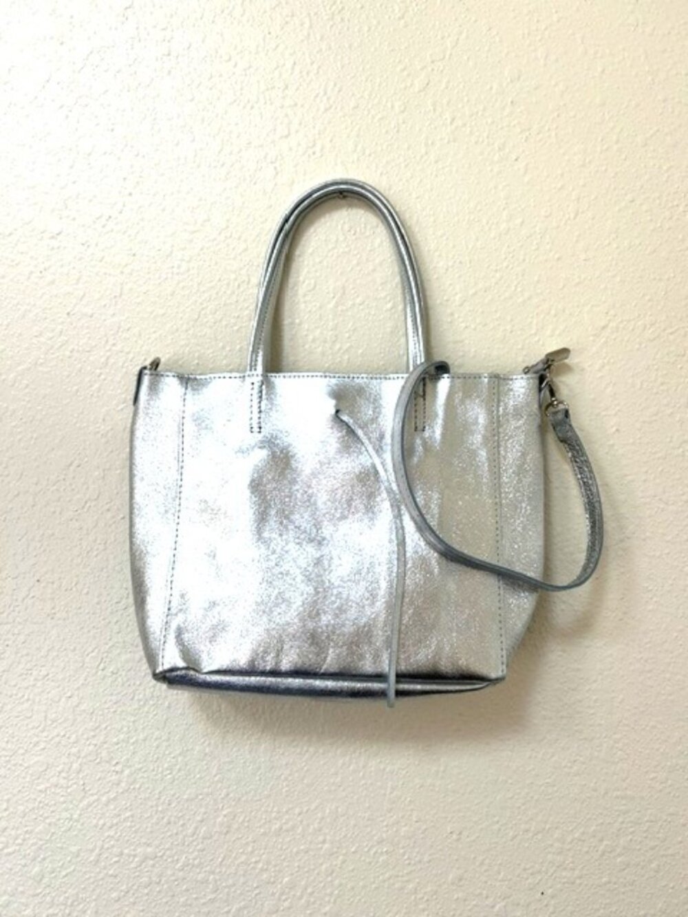 Silver genuine leather handbag